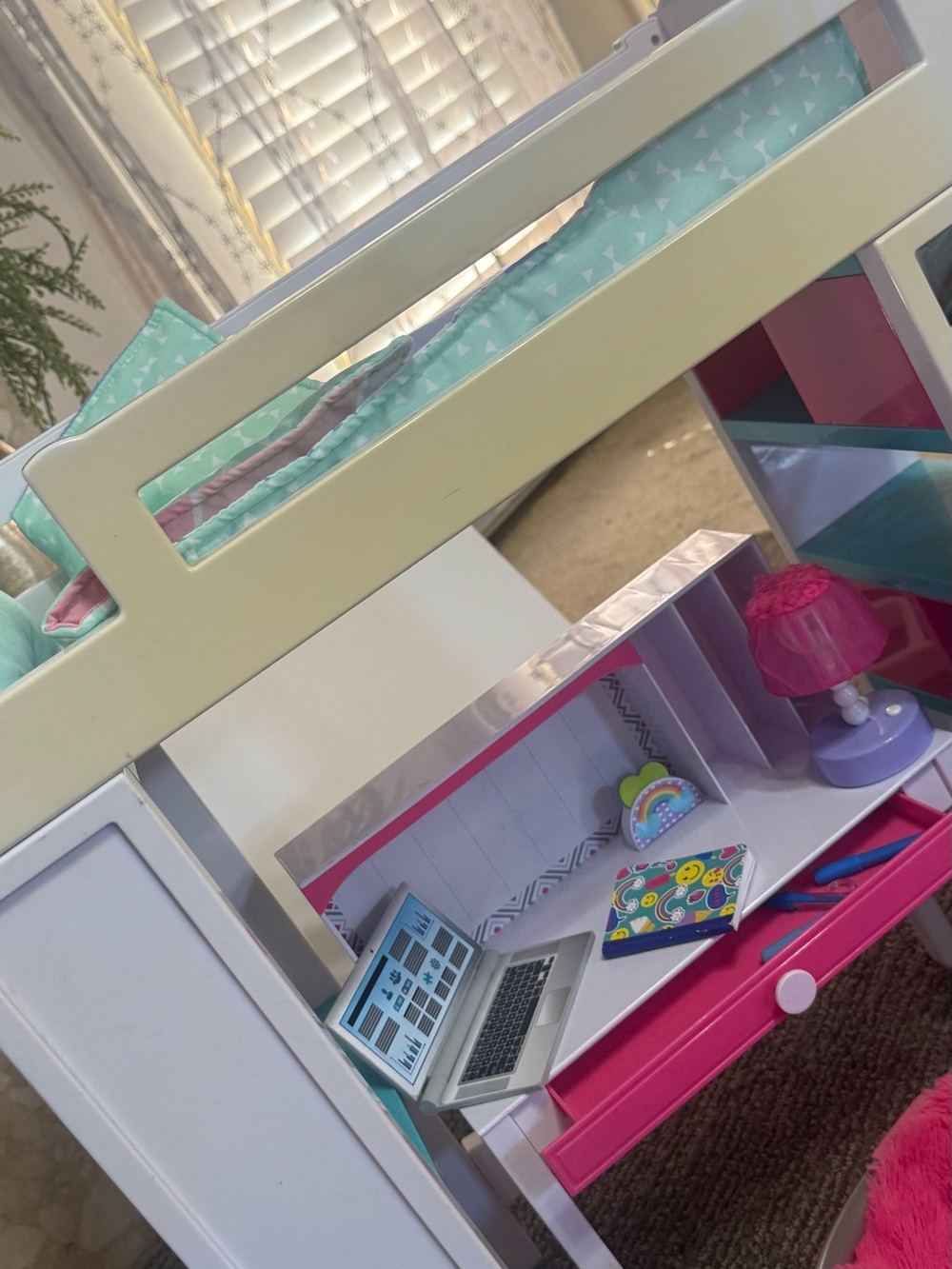 My Life As White Pink & Blue Loft Bed with Pink Fuzzy Papasan Chair Desk - Picture 14 of 14